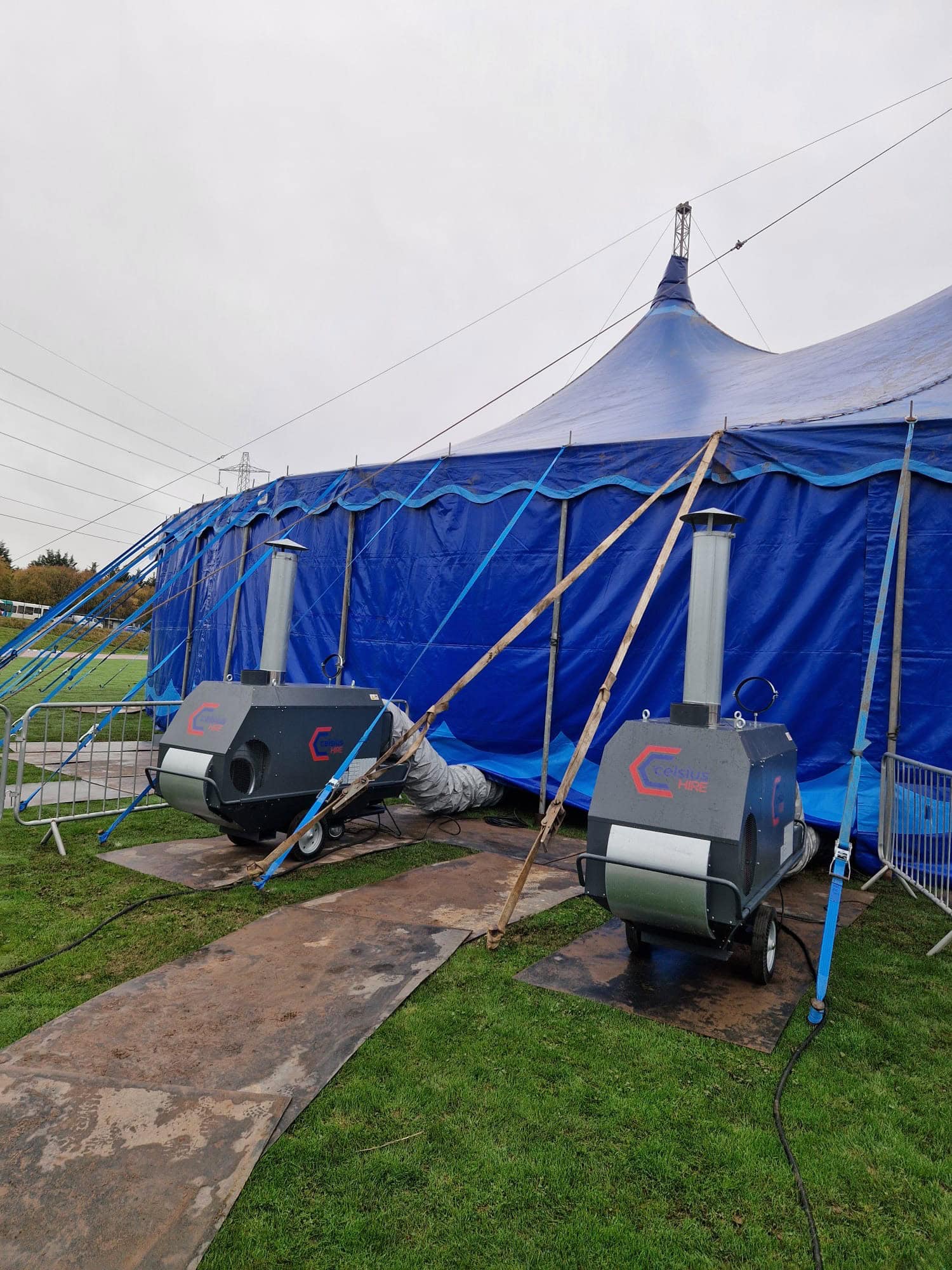 Temporary Structure Heating Hire at a blue marquee tent with two IDFs heating the structure