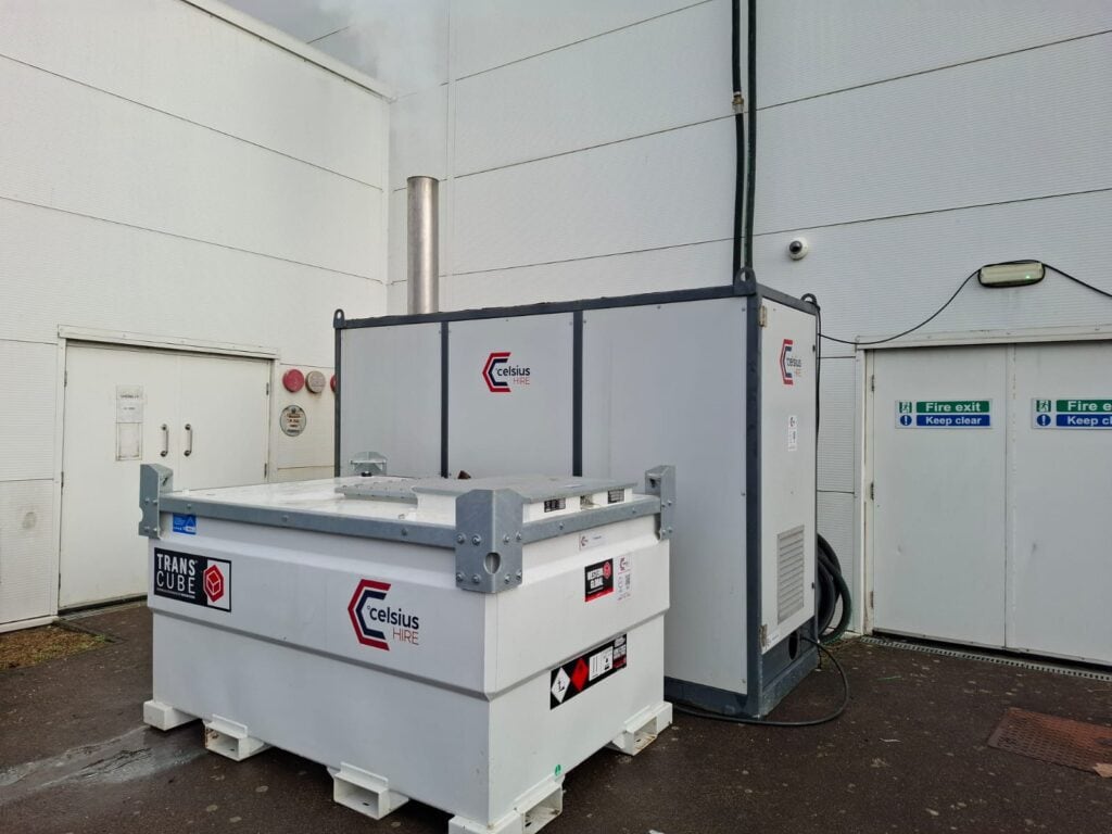 Supermarket heating hire setup with fuel tank outside