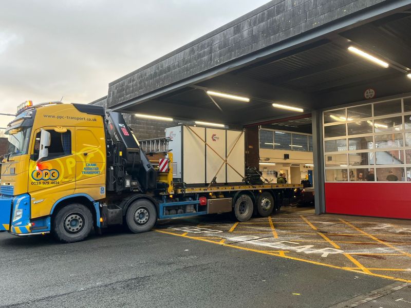 Temporary Boiler Hire West Midlands Fire Station. Showing a delivery of boilers outside the front of the station