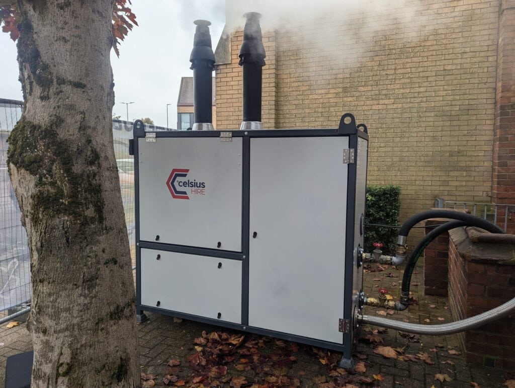 Theatre Boiler Hire outside running with steam being released