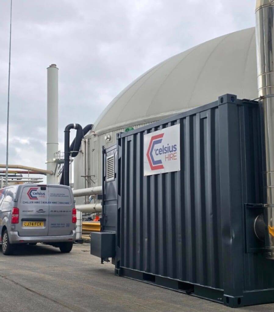 temporary heating and cooling installation at a anaerobic digestion site, with celsius hire van parked next to boiler