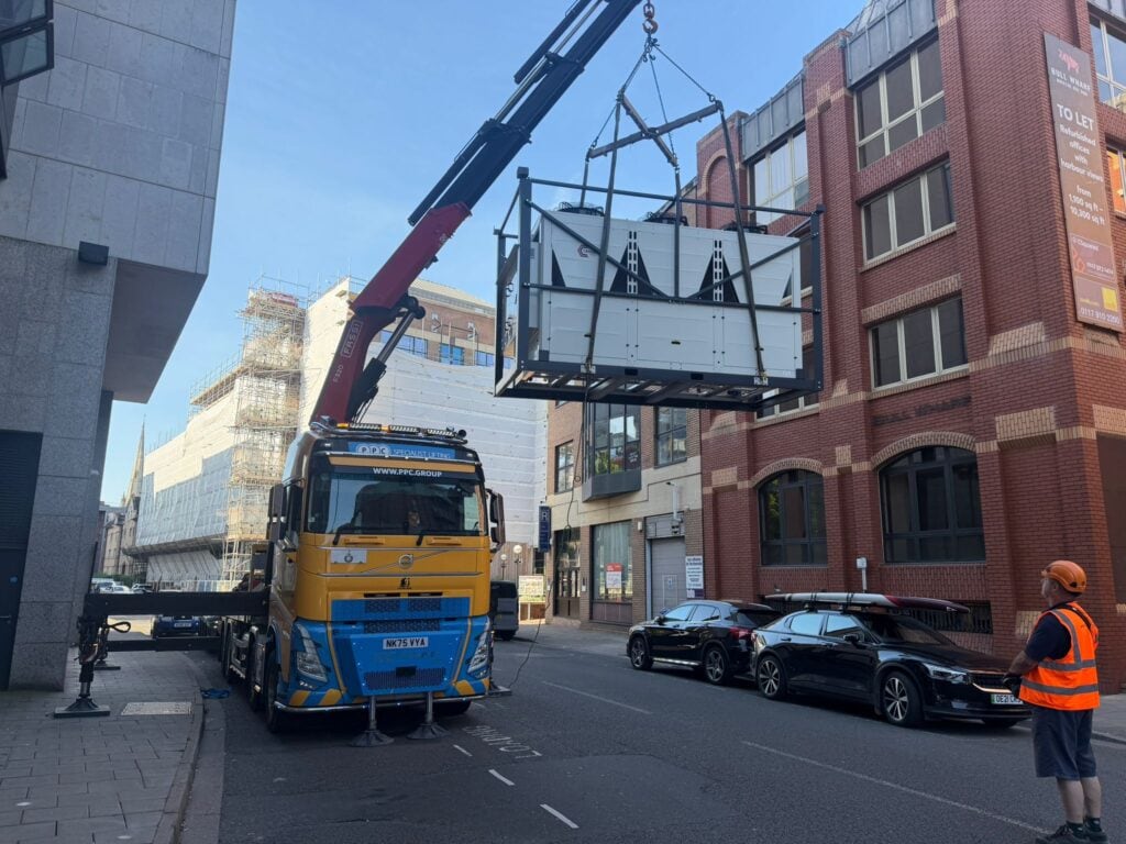 Chiller Hire for Restricted Access Sites outside a crown court being craned in