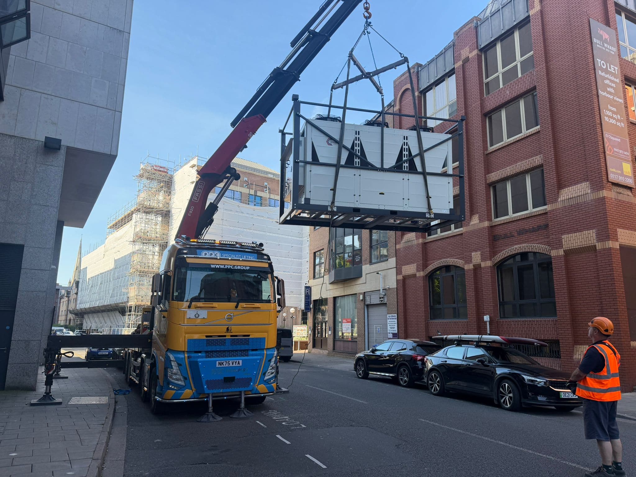 Chiller Hire for Restricted Access Sites outside a crown court being craned in
